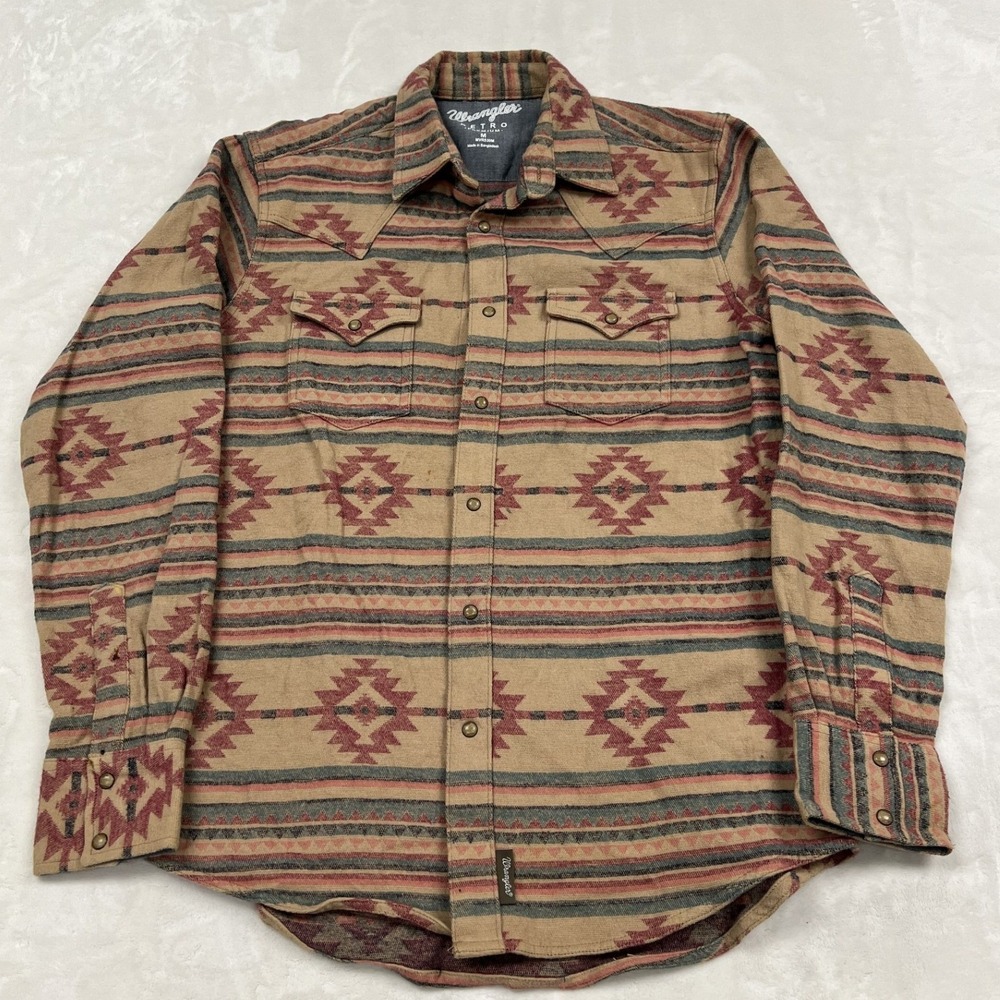 Wrangler Retro Premium Shirt Mens M Tan Southwestern Aztec Pearl Snap MVR539M